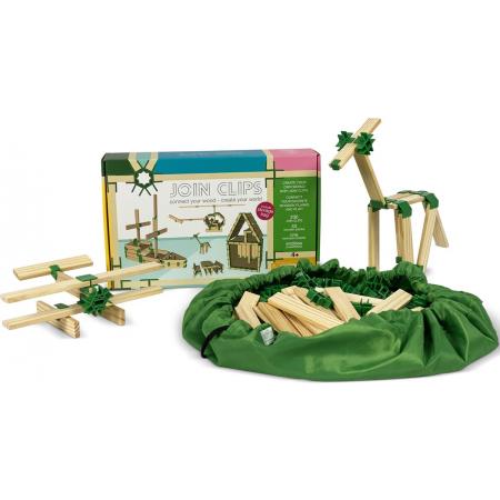 JOIN CLIPS®: BASIC SET “THUIS EDITIE” 200 clips - 40 houten bouwplankjes - bouwboekje - met extra speel-opbergkleed