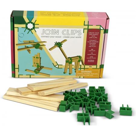 JOIN CLIPS®: BASIS SET “MINI EDITIE” 56 clips - 10 houten bouwplankjes - bouwboekje
