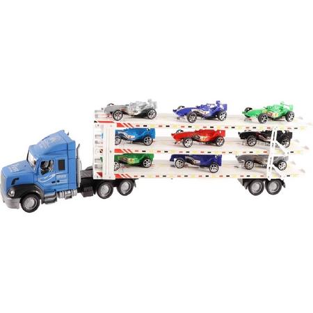 Vrachtauto 58 cm met oplegger en 9 autos Frictie - Jono Toys