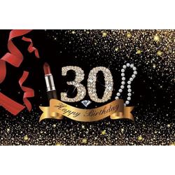 Verjaardag - Versiering - Wanddoek - Banner van Polyester - 120cm (b) x 80cm (h) - Vrouw - 30 jaar - Parels - Lippenstift - Make-up