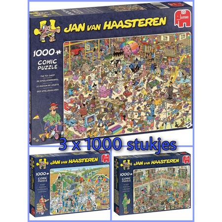 Jumbo Jan Van Haasteren puzzelvoordeelset speelgoedwinkel 1000, wijngaard  1000, de bibliotheek 1000