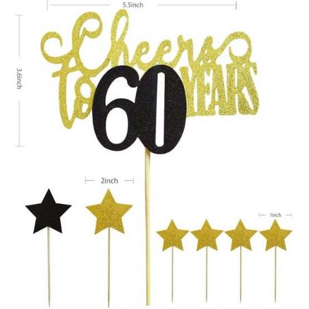taart topper - verjaardag - 60 jaar - cheers - decoratie - happy birthday - versiering - ster - Goud - Zwart
