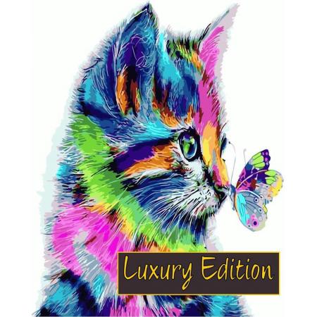 Joeni® - Schilderen op nummer - 40x50cm - Luxury Edition - Gekleurde Kitten met Vlinder
