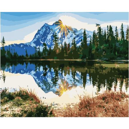 Joeni® – Schilderen op nummer – XXL 55x70cm – Geschenkverpakking – Schitterende Zonsondergang achter Bergtop