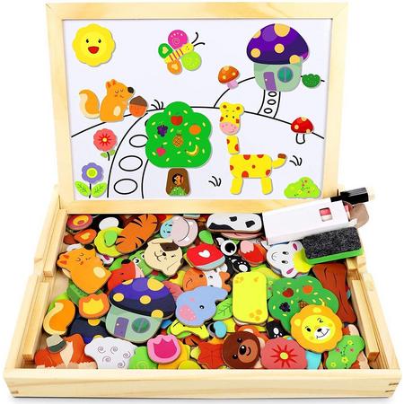 Jojoin magnetische houten puzzel met dubbelzijdig bord, houten speelgoedpuzzels kinderen, 110 stuks dierlijk patroon educatief magnetisch houten speelgoed, creatief educatief speelgoed voor kinderen