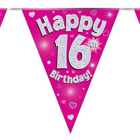 Vlaggenlijn holograpic Happy 16th Birthday Pink