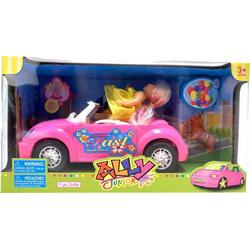 popje met auto en hond roze/geel 12 cm