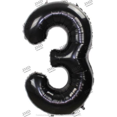 Folie ballon XL 100cm met opblaasrietje - cijfer 3 zwart - 3 jaar folieballon - 1 meter groot met rietje - Mixen met andere cijfers en/of kleuren binnen het Jumada merk mogelijk