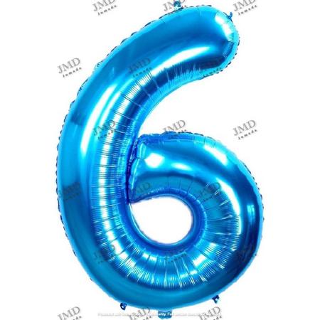 Folie ballon XL 100cm met opblaasrietje - cijfer 6 blauw - 6 jaar folieballon - 1 meter groot met rietje - Mixen met andere cijfers en/of kleuren binnen het Jumada merk mogelijk