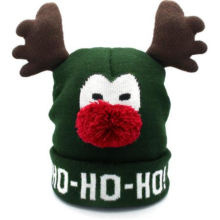 JAP Kerstmuts - Muts met hoorntjes - Rudolf - Ho ho ho - Groen