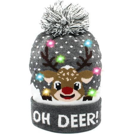 JAP Kerstmuts met lichtjes - Beanie met kerst verlichting - Rudolf - Oh deer - Grijs