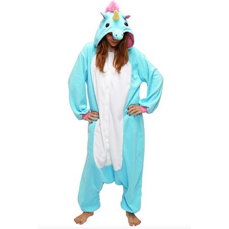 KIMU onesie Eenhoorn Unicorn blauw pak kostuum - maat M-L - jumpsuit huispak