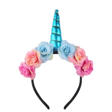 Bloemen eenhoorn haarband blauw unicorn diadeem - blauwe hoorn haar glitter lolita metallic - festival carnaval kinderfeestje Burning Man - bloemetjes roze lichtroze blauw