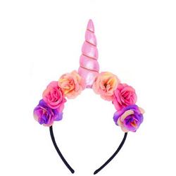 Bloemen eenhoorn haarband lichtroze unicorn diadeem - roze hoorn haar glitter lolita metallic - festival carnaval kinderfeestje Burning Man - bloemetjes paars roze