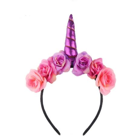 Bloemen eenhoorn haarband paars unicorn diadeem - paarse hoorn haar glitter lolita metallic - festival carnaval kinderfeestje Burning Man - bloemetjes roze paars