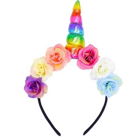 Bloemen eenhoorn haarband regenboog unicorn diadeem - gekleurde hoorn haar glitter lolita metallic - festival carnaval kinderfeestje Burning Man - bloemetjes paars roze wit blauw