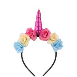 Bloemen eenhoorn haarband roze unicorn diadeem - pink hoorn haar glitter lolita metallic - festival carnaval kinderfeestje Burning Man - bloemetjes