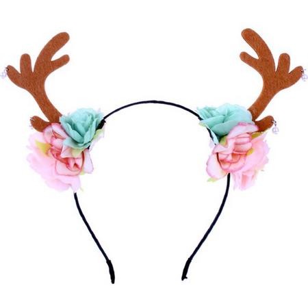 Diadeem rendier - mint groene en lichtroze bloemen - haarband kerst Rudolf