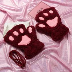 Dierenpoot vingerloze handschoenen donkerrood pluche - vingerloos pootjes - kattenpootjes hondenpootjes berenpootjes dierenpootjes fleece carnaval