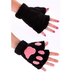 Dierenpoot vingerloze handschoenen zwart roze pluche - vingerloos pootjes - kattenpootjes hondenpootjes panterpootjes dierenpootjes fleece carnaval