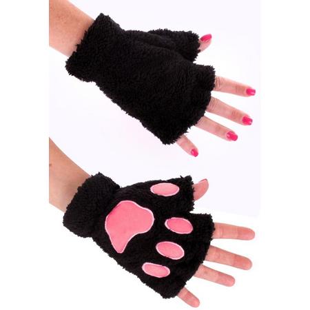 Dierenpoot vingerloze handschoenen zwart roze pluche - vingerloos pootjes - kattenpootjes hondenpootjes panterpootjes dierenpootjes fleece carnaval