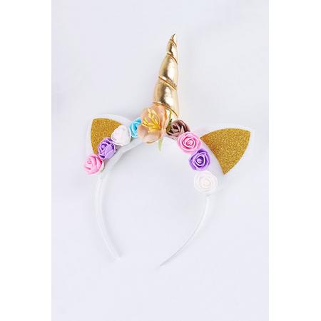 Eenhoorn haarband goud unicorn diadeem met oortjes en bloemetjes - gouden hoorn glitter lolita metallic - festival carnaval kinderfeestje Burning Man - bloemen wit roze blauw paars bruin