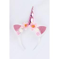 Eenhoorn haarband lichtroze unicorn diadeem met oortjes en bloemetjes - roze hoorn glitter lolita metallic - festival carnaval kinderfeestje Burning Man - bloemen wit roze