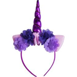 Eenhoorn haarband paars unicorn diadeem met oortjes en bloemetjes - paarse hoorn glitter lolita metallic - festival carnaval kinderfeestje Burning Man - bloemen paars roze