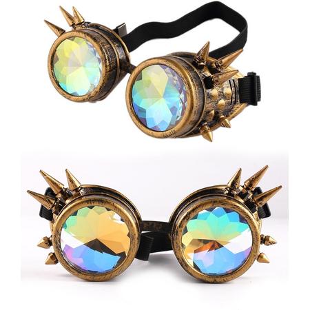 Kaleidoscoop goggles bril brons met spikes - glas diamant kaleidoscope space caleidoscoop optisch magisch toverkijker holografisch - festival carnaval steampunk Burning Man