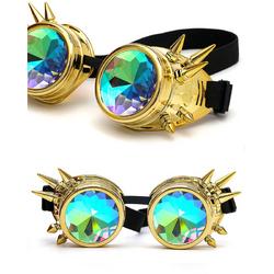 Kaleidoscoop goggles bril goud met spikes - glas diamant kaleidoscope space caleidoscoop optisch magisch toverkijker holografisch - festival carnaval steampunk Burning Man