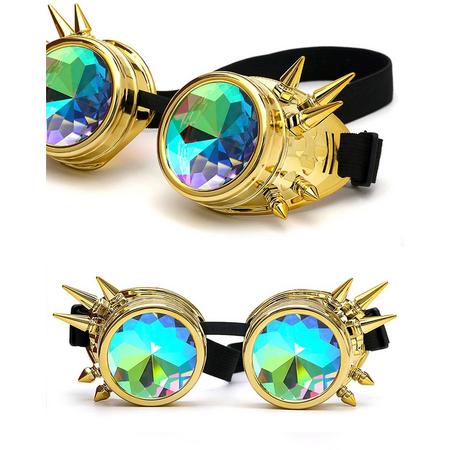 Kaleidoscoop goggles bril goud met spikes - glas diamant kaleidoscope space caleidoscoop optisch magisch toverkijker holografisch - festival carnaval steampunk Burning Man