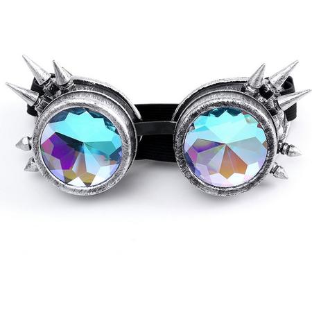 Kaleidoscoop goggles bril oud zilver met spikes - glas diamant kaleidoscope space caleidoscoop optisch magisch toverkijker holografisch - festival carnaval steampunk Burning Man