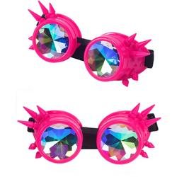 Kaleidoscoop goggles bril roze met spikes - glas neon fluor blacklight diamant kaleidoscope space caleidoscoop cyber holografisch - festival carnaval steampunk Burning Man