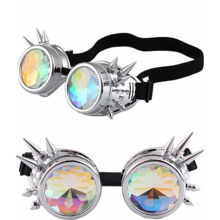 Kaleidoscoop goggles bril zilver chroom met spikes - glas diamant kaleidoscope space caleidoscoop optisch magisch toverkijker holografisch - festival carnaval steampunk Burning Man