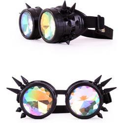 Kaleidoscoop goggles bril zwart met spikes - glas diamant kaleidoscope space caleidoscoop optisch magisch toverkijker holografisch - festival carnaval steampunk Burning Man