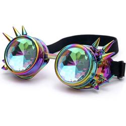 Steampunk bril goggles caleidoscoop - oliekleuren met spikes - regenboog kaleidoscoop rave holografisch burning man festival
