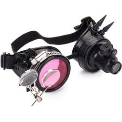 Steampunk bril goggles zwart - led lampje, vergrootglas en roze glas