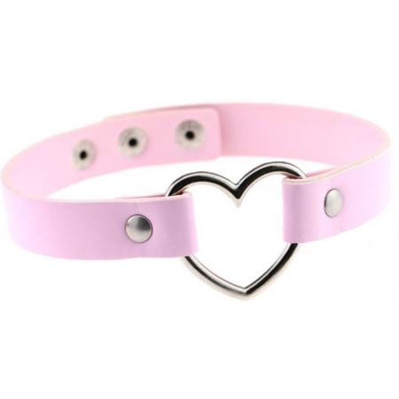 KIMU choker lichtroze hartje - leer collar ketting hart halsband roze