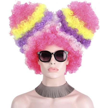 KIMU luxe suikerspin pruik roze afro staarten - clown regenboog eenhoorn