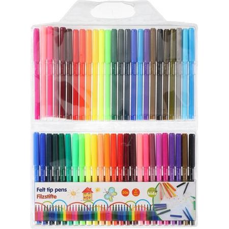 50x Gekleurde viltstiften in etui - Viltstiften voor kinderen - Kleuren - Knutselspullen - Creatief speelgoed