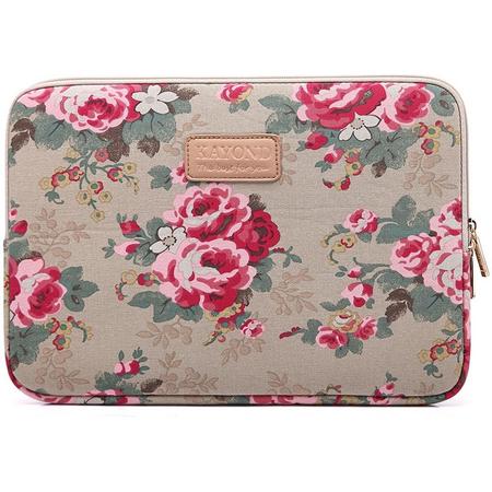 Kayond   Laptop Sleeve met bloemen tot 13 inch   Beige/Roze/Donkergroen