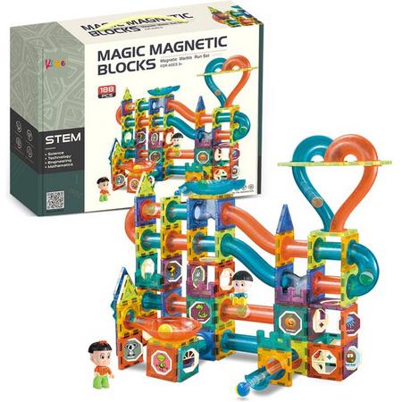 Kiddel XXL Magnetische Knikkerbaan DIY Bouwset - 188 Stuks - Uitdagend & Creatief Speelgoed voor Kinderen