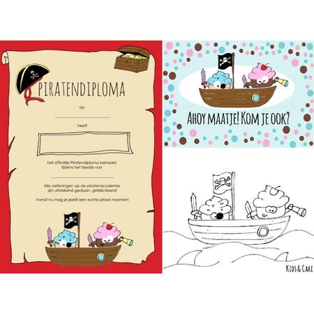 Piratenpakket - kinderfeestje: 8 Piraten uitnodigingen, 8 Piraten diplomas & 8 Piraten kleurplaten