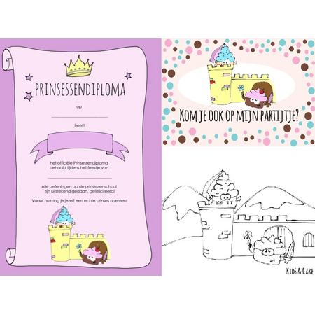 Prinsessenpakket - kinderfeestje: 8 Prinsessen uitnodigingen, 8 Prinsessen diplomas & 8 Prinsessen kleurplaten