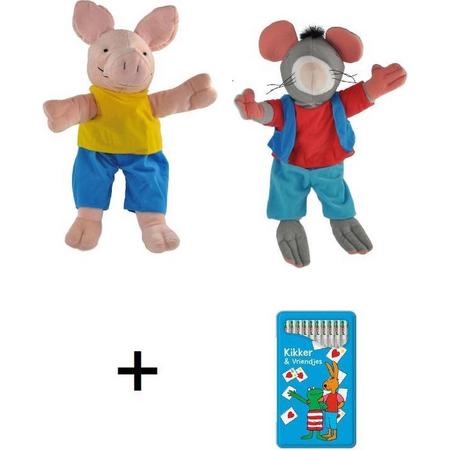Kikker en zijn vriendjes - handpoppen set - rat en varken 40 cm - met 12 kleurpotloden  - dieren - knuffel - poppenkast -
