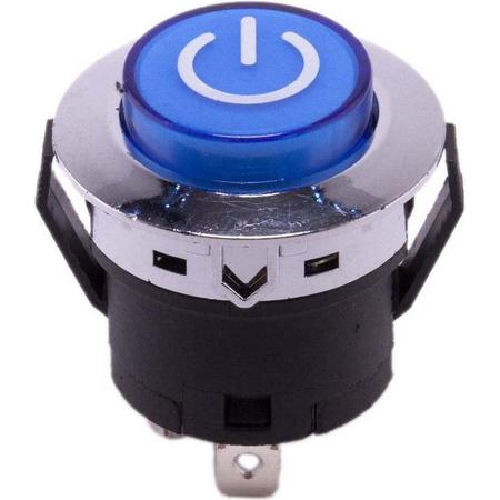 Drukknop 28mm aan uit blauw rond met LED voor elektrische kinderauto - kindermotor - kinderquad - kindertractor - accuvoertuig