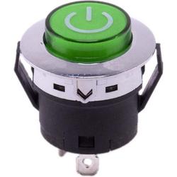 Drukknop 28mm aan uit zilver groen rond met LED voor elektrische kinderauto - kindermotor - kinderquad - kindertractor - accuvoertuig