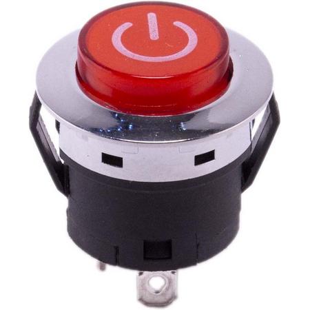 Drukknop 28mm aan uit zilver rood rond met LED voor elektrische kinderauto - kindermotor - kinderquad - kindertractor - accuvoertuig