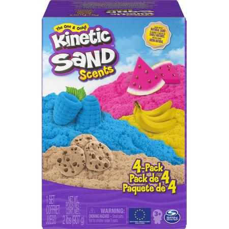 Geurend Kinetic Sand, verpakking van 907 g met 4 stuks geurend Kinetic Sand: Dol op deeg, Gekke bananen, Malle meloenen en Frambozenfeestje
