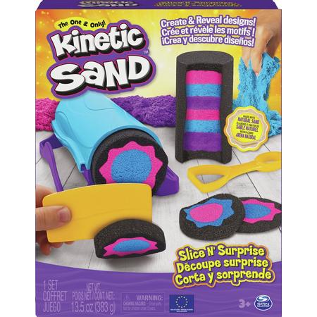 Kinetic Sand - Slice N Surprise-set met 383 g zwart, roze en blauw speelzand en 7 gereedschappen - Sensorisch speelgoed